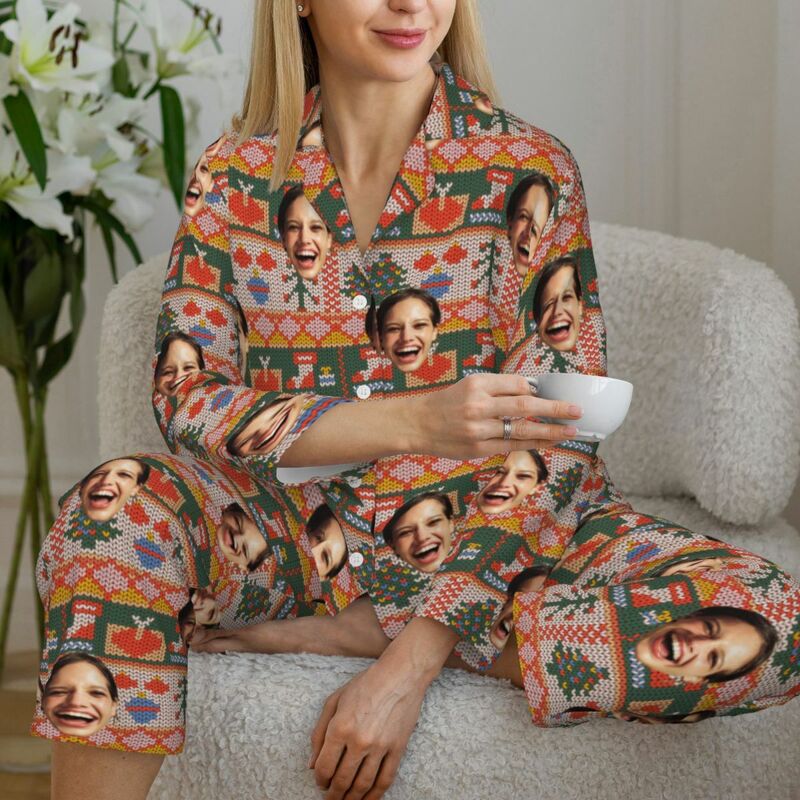 Personalized Pajamas Custom Photo Christmas Style Elements Festive Vibe Pattern Design Gift for Family