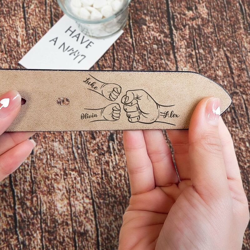 "This Guy Is One Awesome Dad" Personalized Engraved Leather Belt Fist Bumps Gift for Dad
