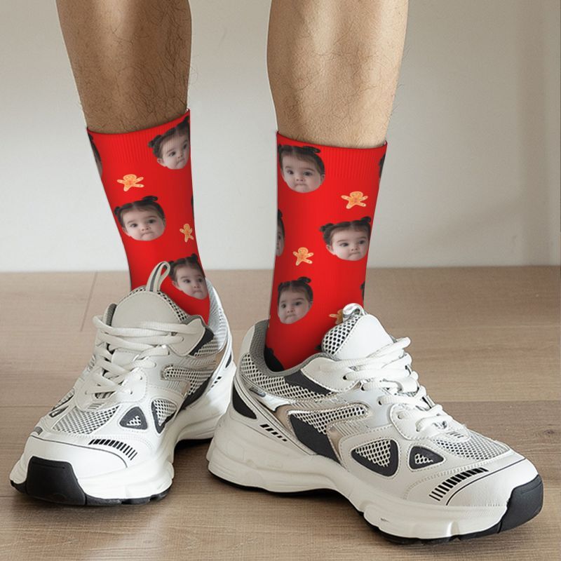 Personalized Face Socks with Gingerbread Man Pattern to Add Photo as a Christmas Gift