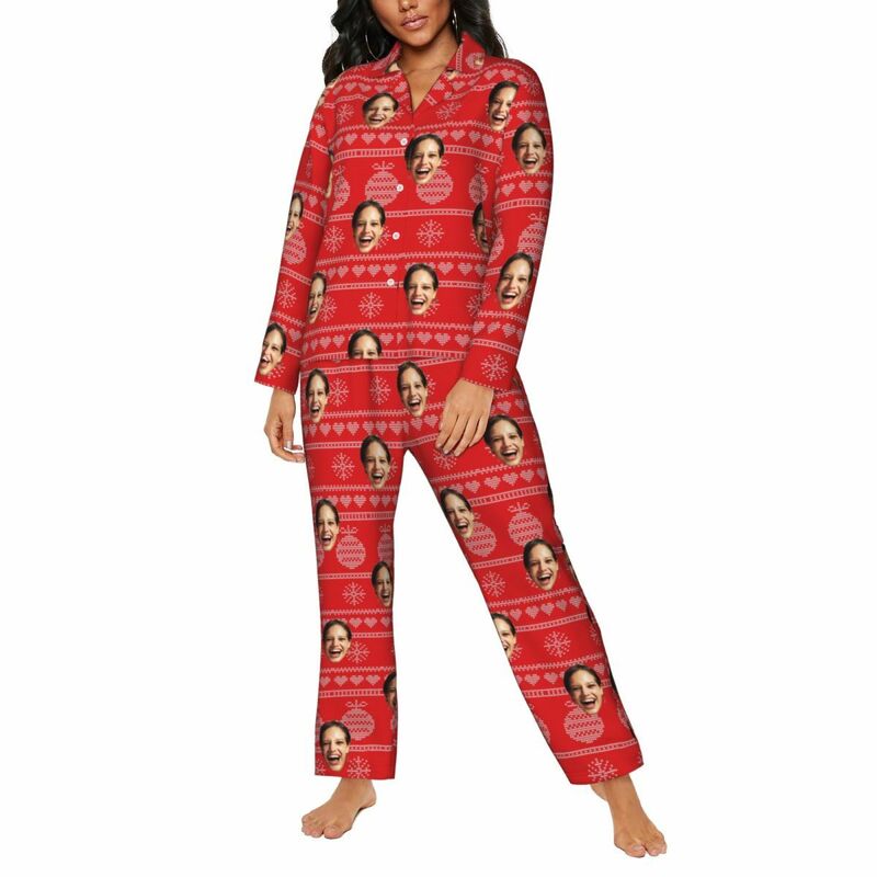 Personalized Pajamas Custom Photo Christmas Bell Icon Red Pixel Style Design Perfect Gift for Her