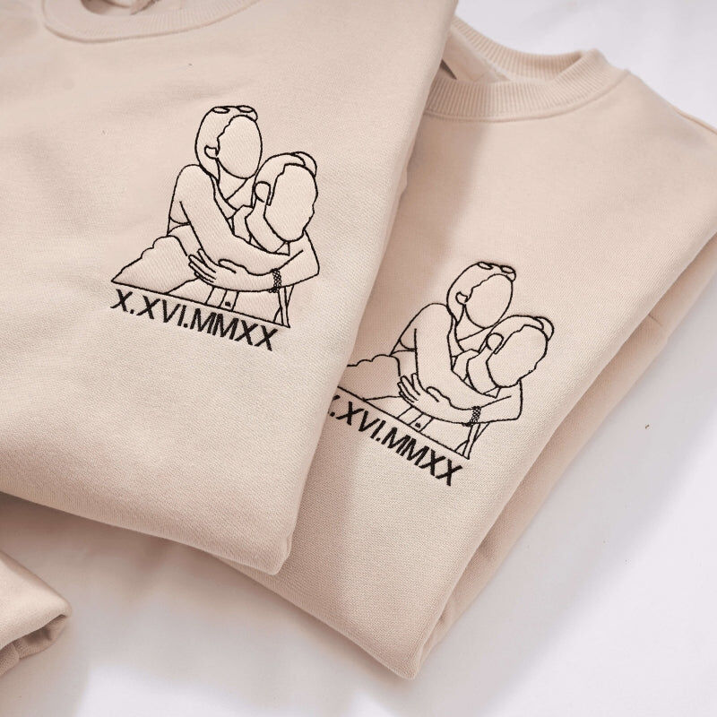 Personalized Sweatshirt Custom Embroidered Couple Line Photo and Roman Numeral Date Gift for Lover