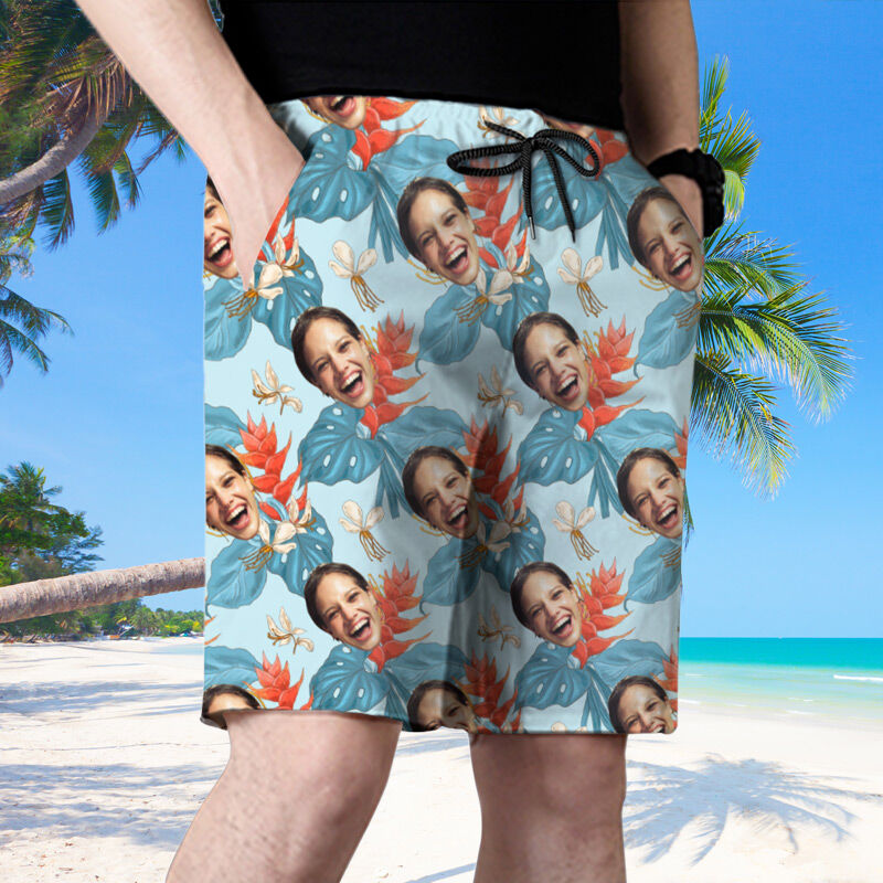 Personalized Picture Men's Beach Shorts with Unique Flowers Pattern Stylish Gift for Friend