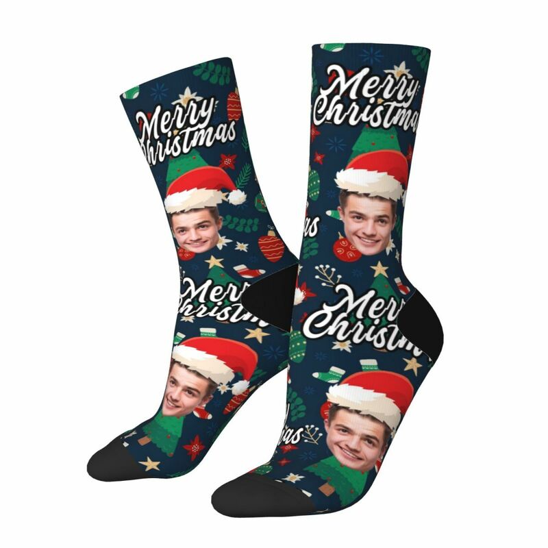 Personalized Face Socks with Santa Hat and Decorative Pattern for Christmas