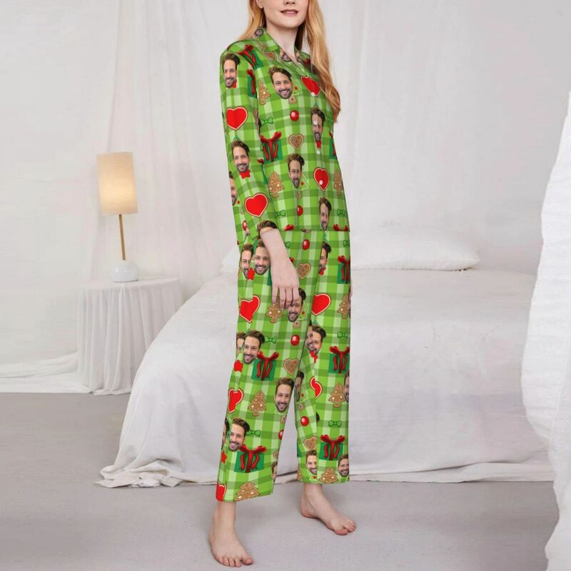 Personalized Pajamas Custom Photo Christmas Element Icons Green Style Pattern Design Gift for Family