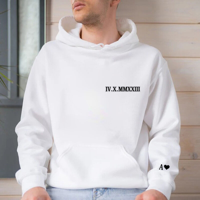 Personalized Hoodie Embroidered Lateral Roman Numeral Date and Initial Great Gift for Anniversary