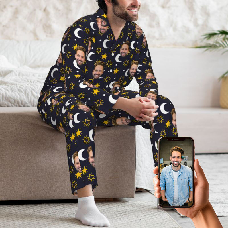 Personalized Pajamas Custom Photo Dark Shining Star Moon Pattern Design Great Gift for Him Family