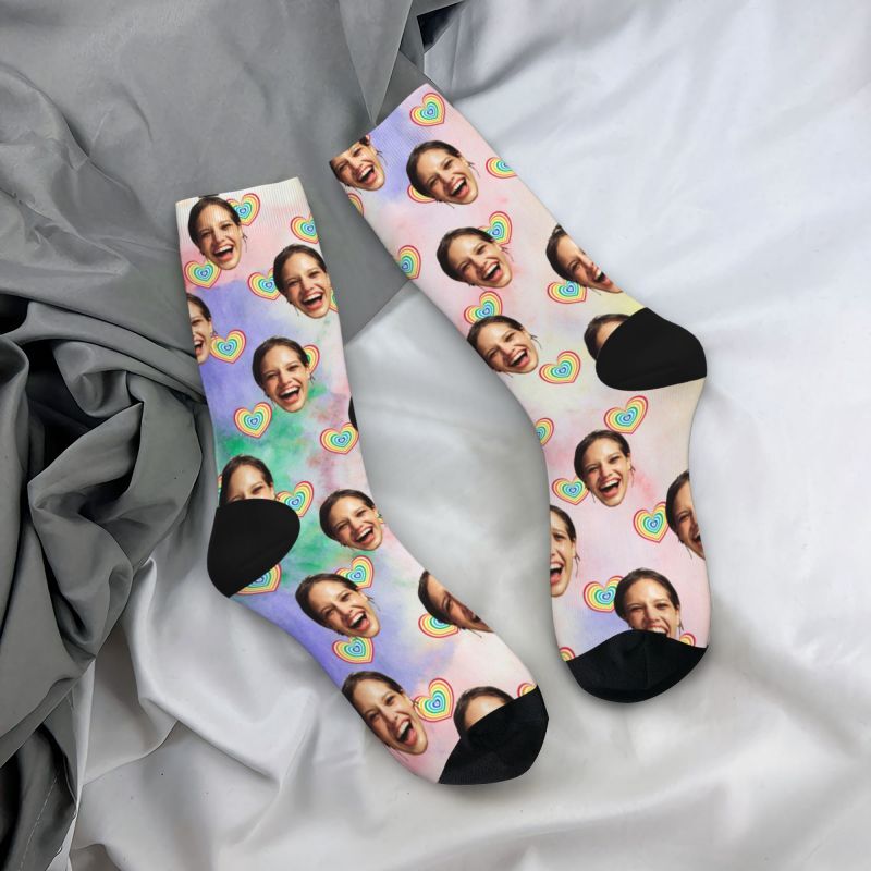 Personalized Face Socks Rainbow Gradient Color Socks for Anniversary Gift