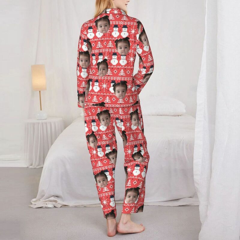 Personalized Pajamas Custom Kid Photo Cute Pixel Snowman Design Attractive Gift for Her Family