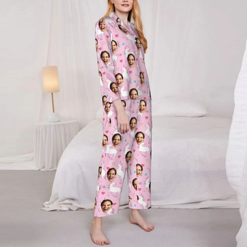 Personalized Pajamas Custom Photo Rainbow Unicorn Pink Pattern Design Adorable Gift for Her