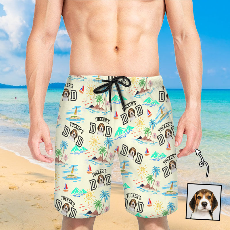 Personalized Picture Men's Beach Shorts with Sun Pattern Interesting Gift for Dad
