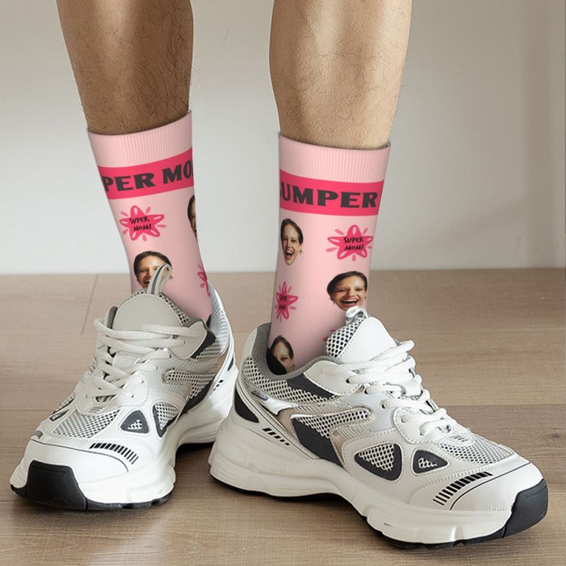 "Super Mom"Custom Face Add Photos Socks for Mother's Day