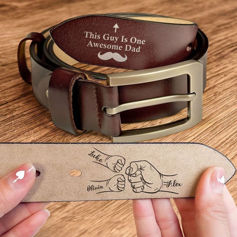 "This Guy Is One Awesome Dad" Personalized Engraved Leather Belt Fist Bumps Gift for Dad