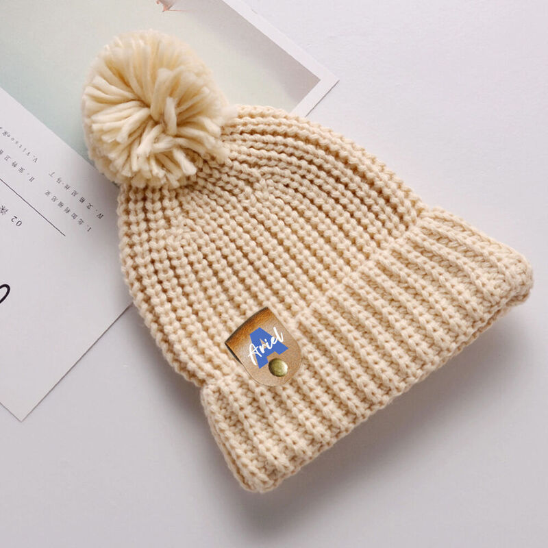 Personalized Toddler Beanie Customized Leather Name Tag Gift for Newborn