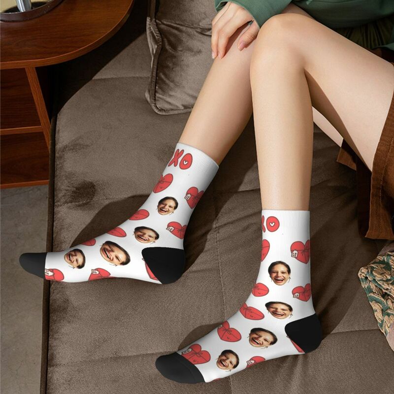 Personalized Face Socks with Heart Gift Box Pattern as a Gift for Wife