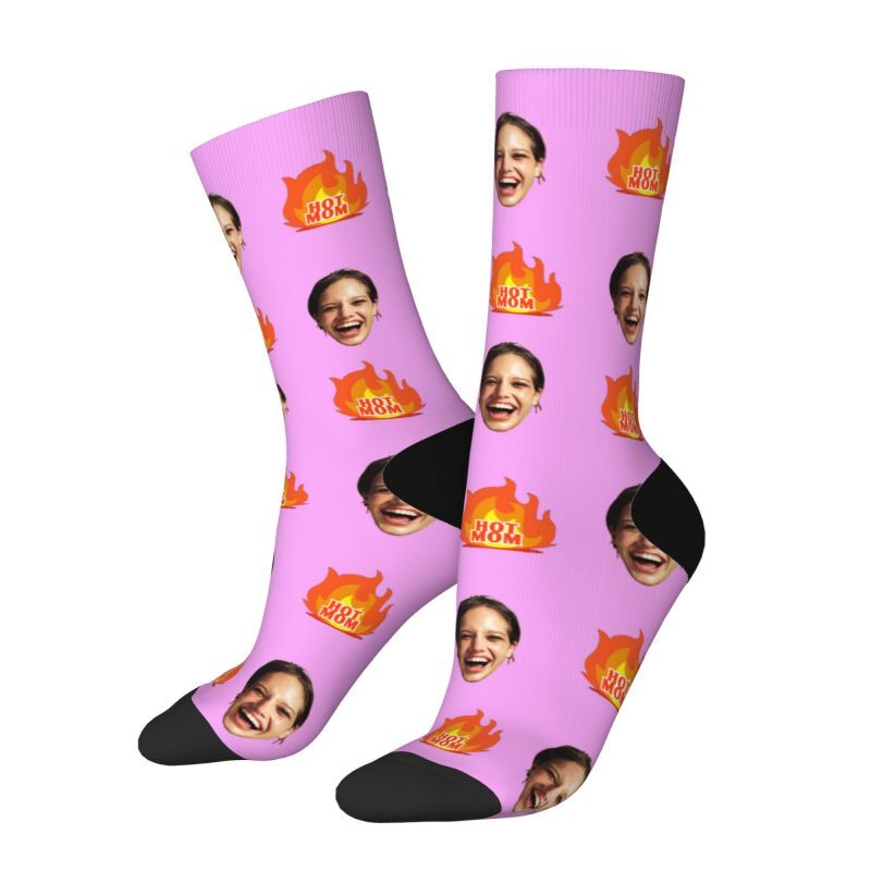 Personalized Face Socks Printed with "Hot Mom" Text