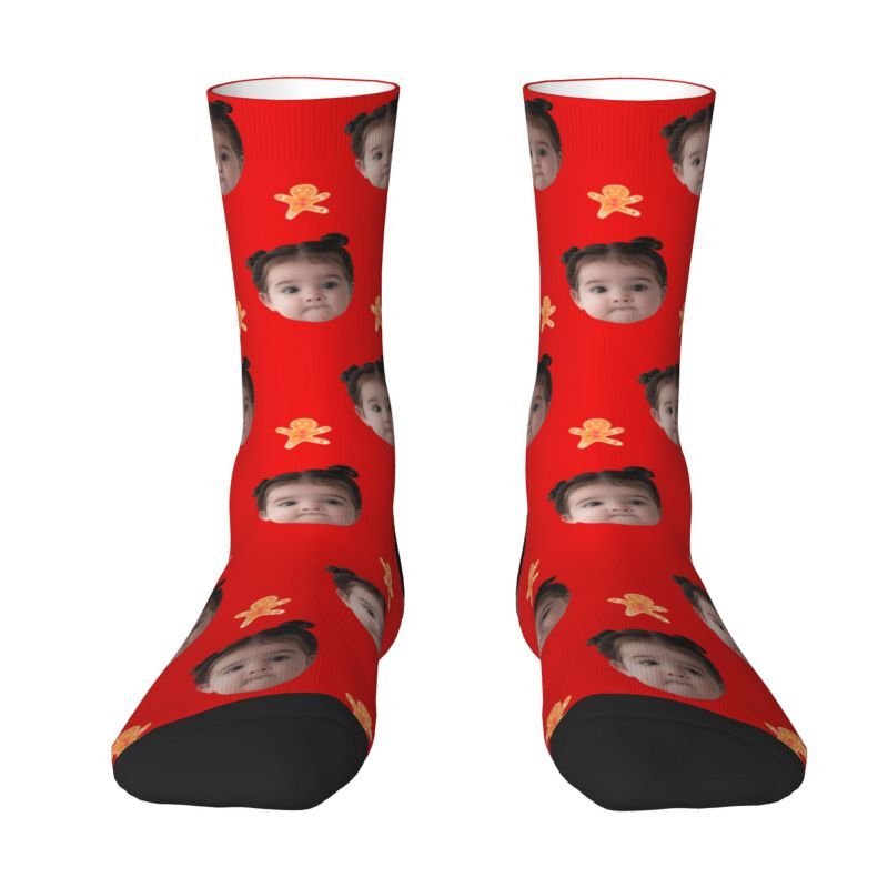 Personalized Face Socks with Gingerbread Man Pattern to Add Photo as a Christmas Gift