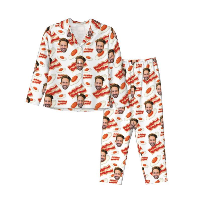 Personalized Pajamas Custom Photo Bacon Fried Eggs Cartoon Playful Design Funny Gift for Family