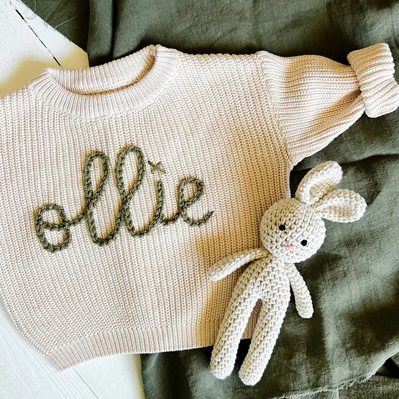 Personalized Handmade Name Sweater with Green Text Vibrant Gift for Baby
