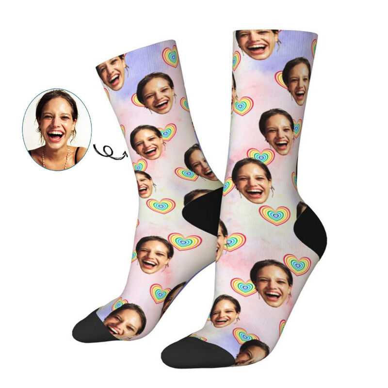 Personalized Face Socks Rainbow Gradient Color Socks for Anniversary Gift