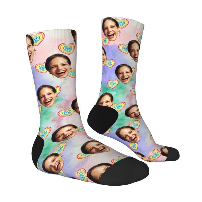 Personalized Face Socks Rainbow Gradient Color Socks for Anniversary Gift