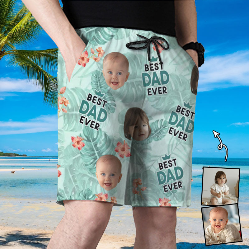 Personalized Picture Men's Beach Shorts with Red Flower Pattern Beautiful Gift for Father