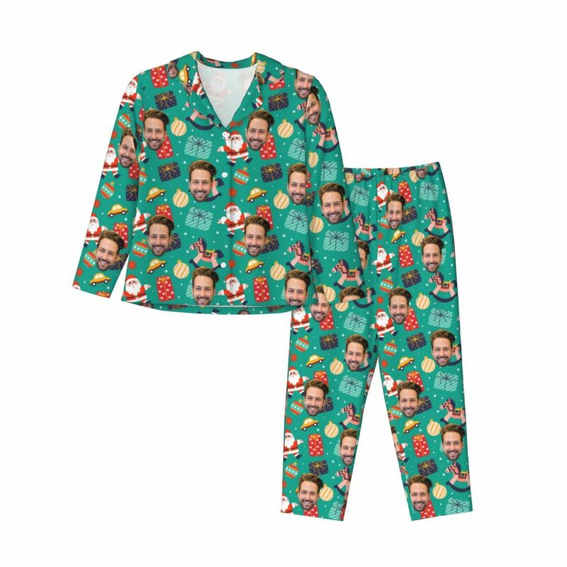 Personalized Pajamas Custom Photo Santa Claus Hobbyhorse Cute Pattern Design Gift for Family