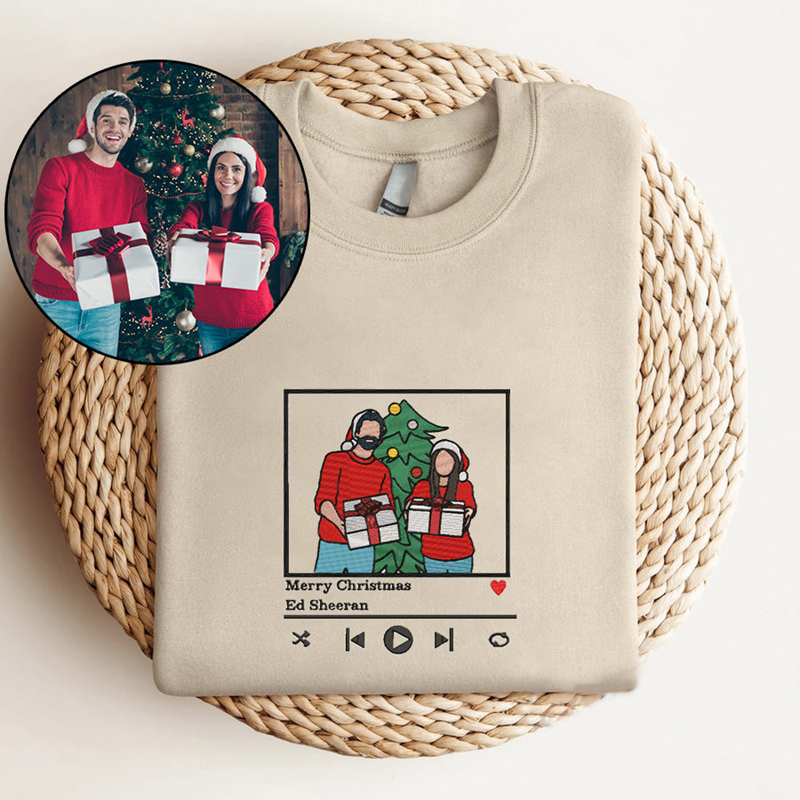 Personalized Sweatshirt Custom Embroidered Couple Color Photo Music Player Design Great Gift for Lover