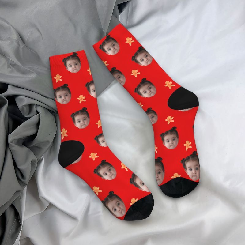 Personalized Face Socks with Gingerbread Man Pattern to Add Photo as a Christmas Gift