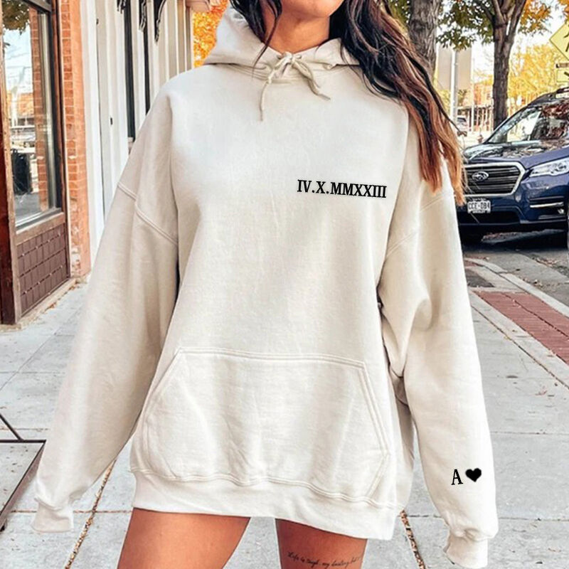 Personalized Hoodie Embroidered Lateral Roman Numeral Date and Initial Perfect for Couple's Anniversary