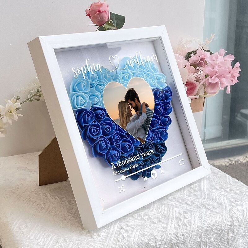 Scatola d'ombra floreale personalizzata con foto del cuore e canzone d'amore dal design chic Regalo unico per innamorati