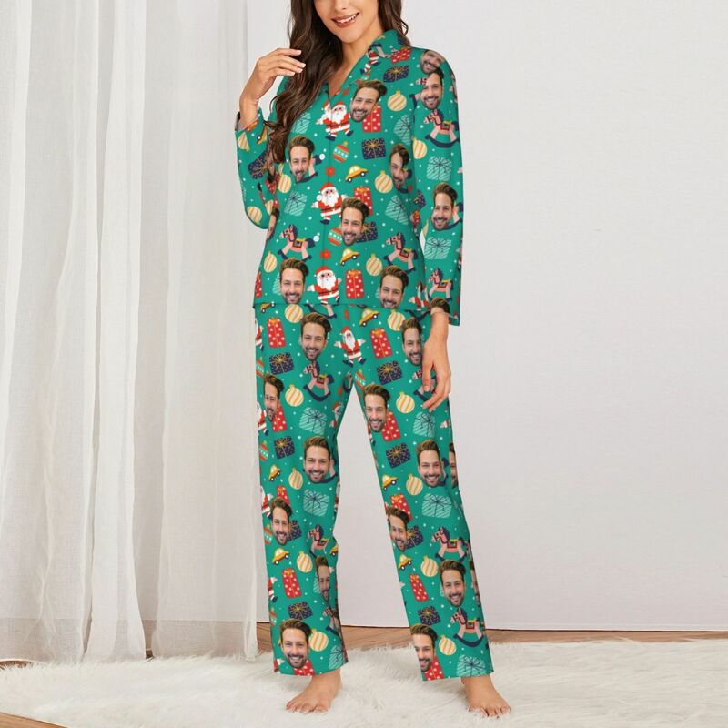 Personalized Pajamas Custom Photo Santa Claus Hobbyhorse Cute Pattern Design Gift for Family