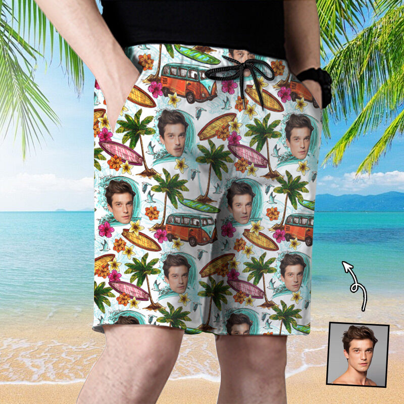 Personalized Picture Men's Beach Shorts with Tour Bus Pattern Best Gift for Friend