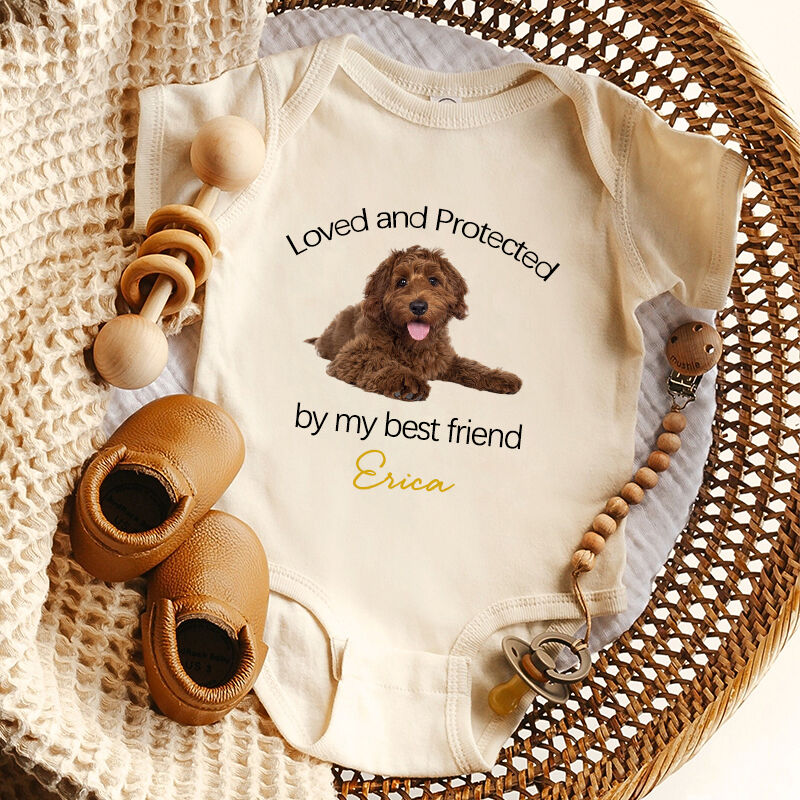 Personalized Baby Onesie Loved and Protected By My Best Friend Custom Pet Photo Great Baby Shower Gift