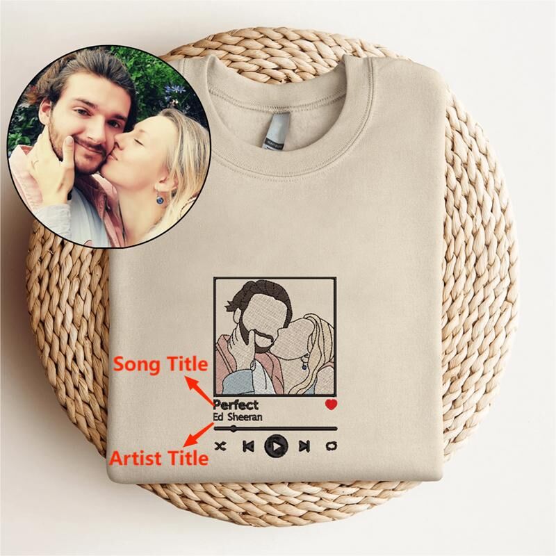 Personalized Sweatshirt Custom Embroidered Couple Color Photo Music Player Design Great Gift for Lover