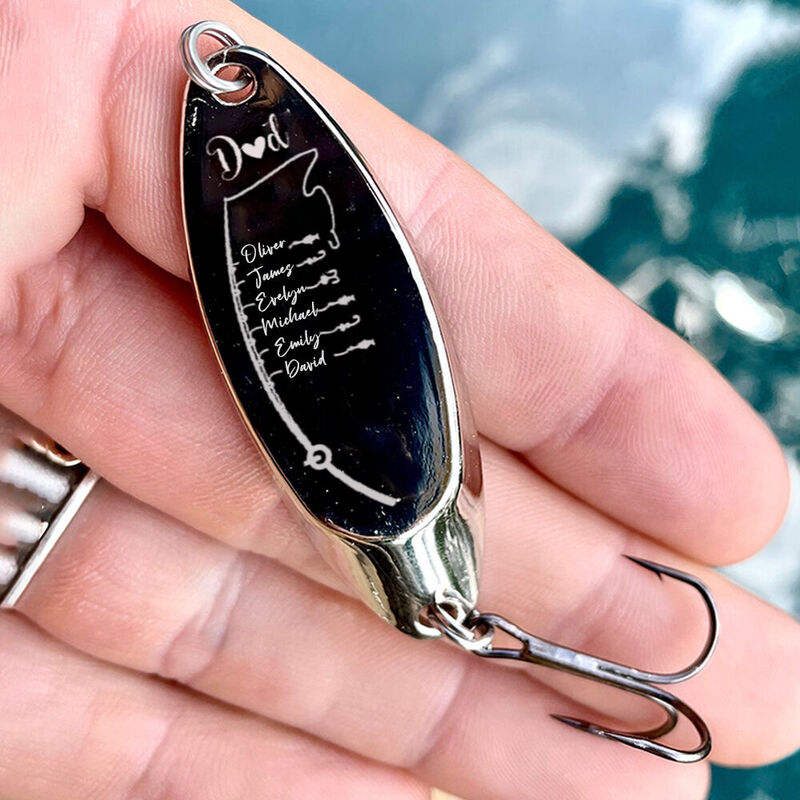 Leurre de pêche personnalisé avec motif de canne à pêche Nom de l'enfant personnalisé Cadeau de fête des pères pour papa