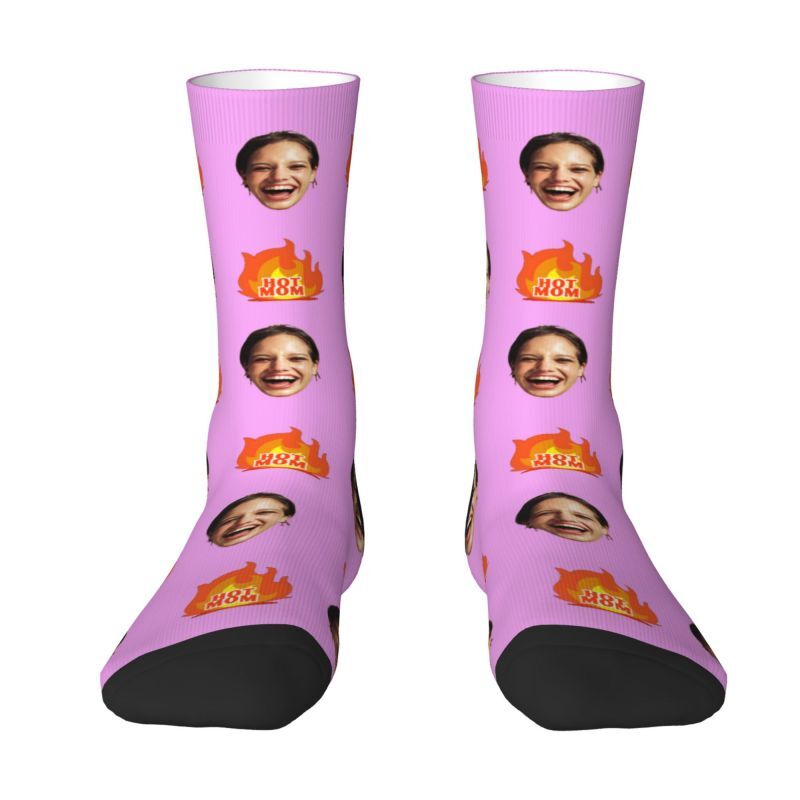 Personalized Face Socks Printed with "Hot Mom" Text