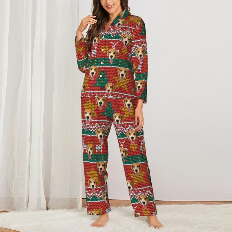 Personalized Pajamas Custom Photo Christmas Tree Star Pixel Pattern Design Perfect Gift for Family