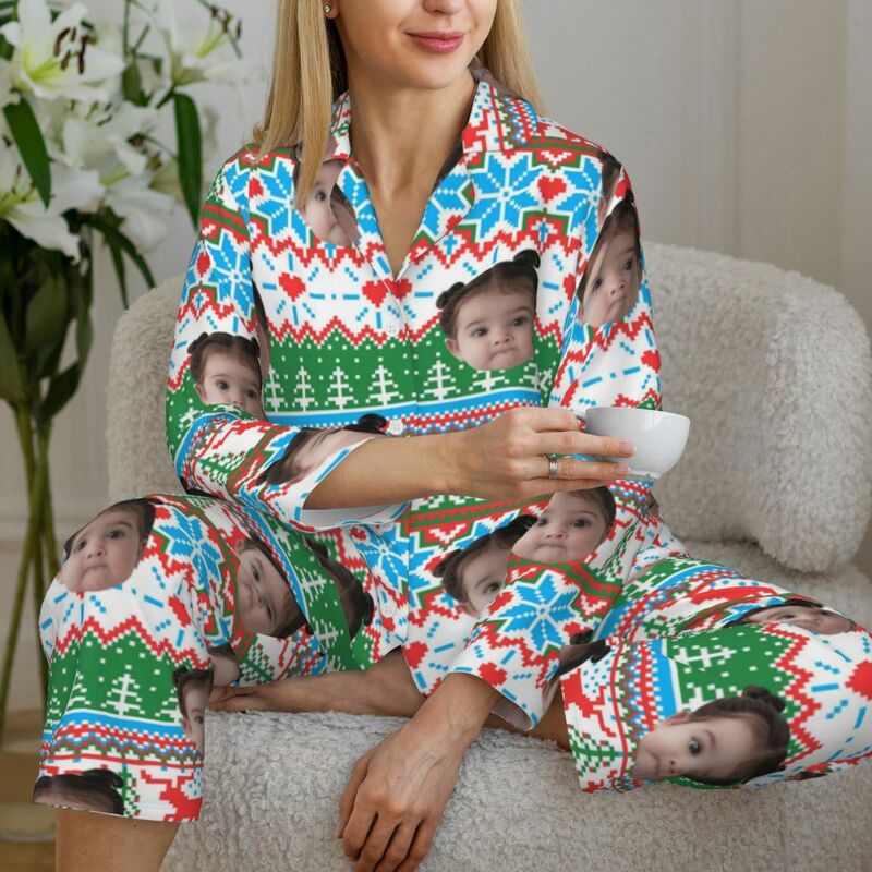 Personalized Pajamas Custom Photo Christmas Elements Bright Pixel Style Pattern Design Gift for Family