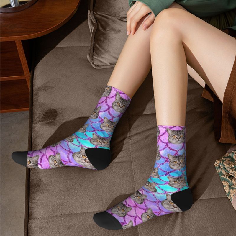 Personalized Face Socks Add Cat Photo Colorful Fish Scale Pattern Gift for Pet Lovers