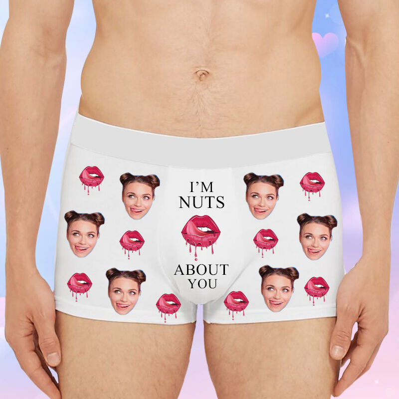 Personalized Photo Men's Underwear Boxer Briefs with Pink Mouth Pattern Funny Valentine's Day Gift"I'M Nuts About You"