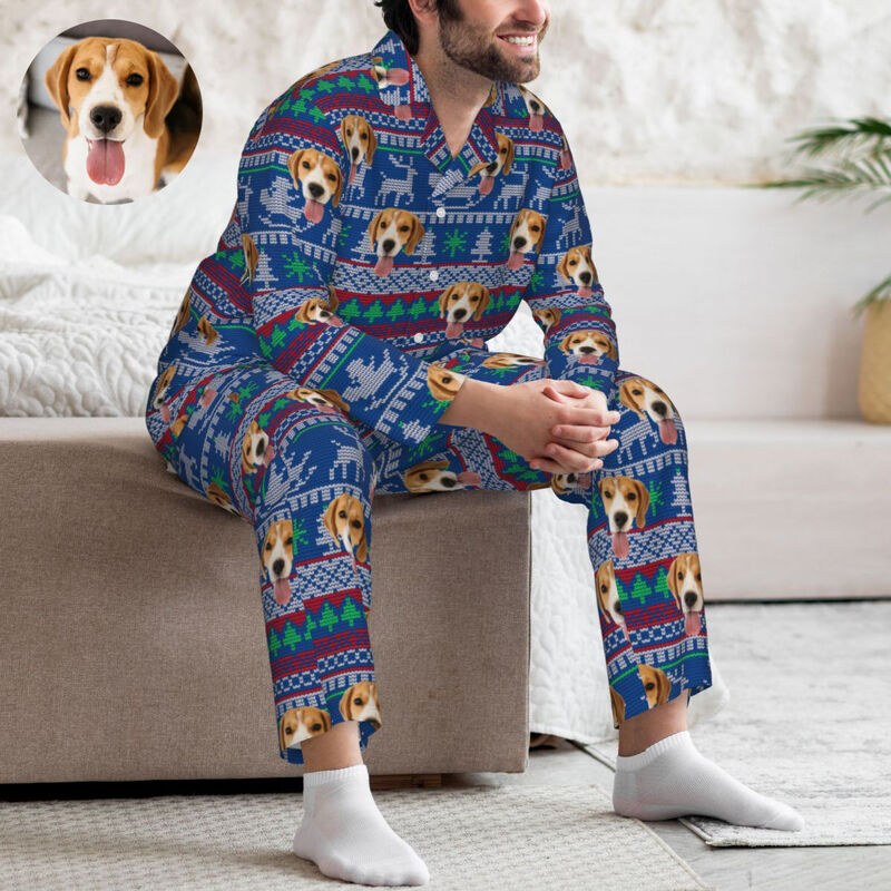 Personalized Pajamas Custom Photo Santa Claus Reindeer Pattern Design Christmas Gift for Him