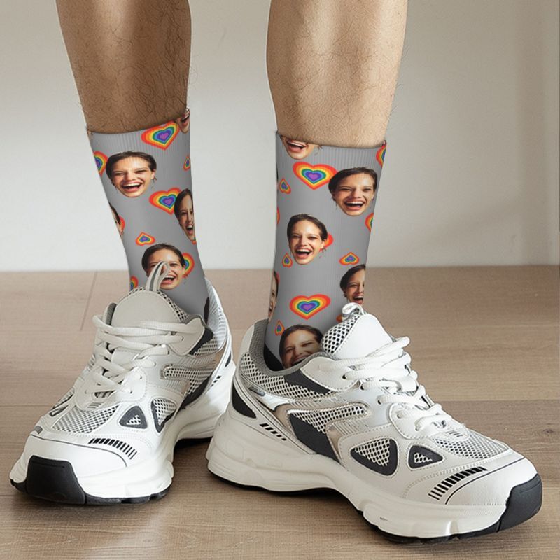Customized Face Socks with Rainbow Hearts Valentine's Day Gifts for Couples