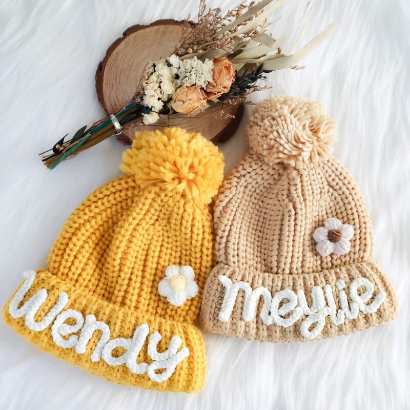 Custom Embroidered Kid's Hat with Woolen Flowers Toddler Winter Hat Gift for Kids