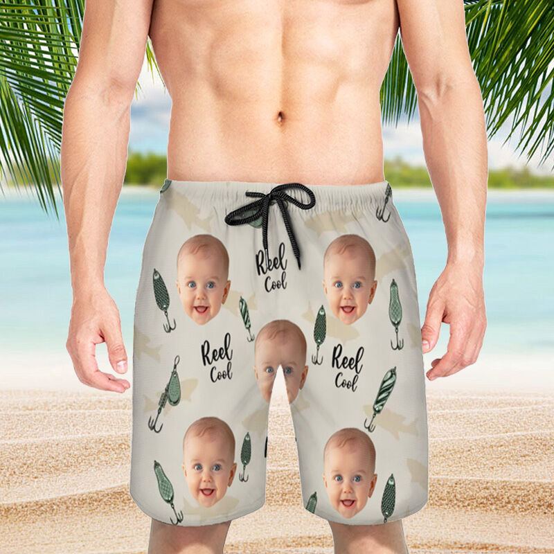 Personalized Picture Men's Beach Shorts with Fishhook Pattern Interesting Gift for Father's Day