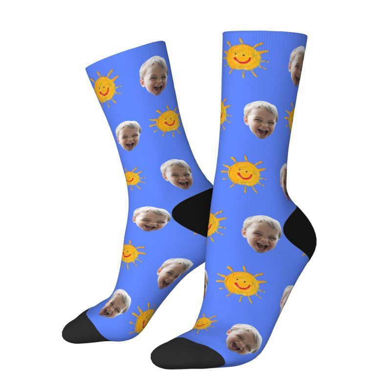 Personalized Face Socks with Hand-Painted Sun Pattern Add Baby Photo for New Parents Gift