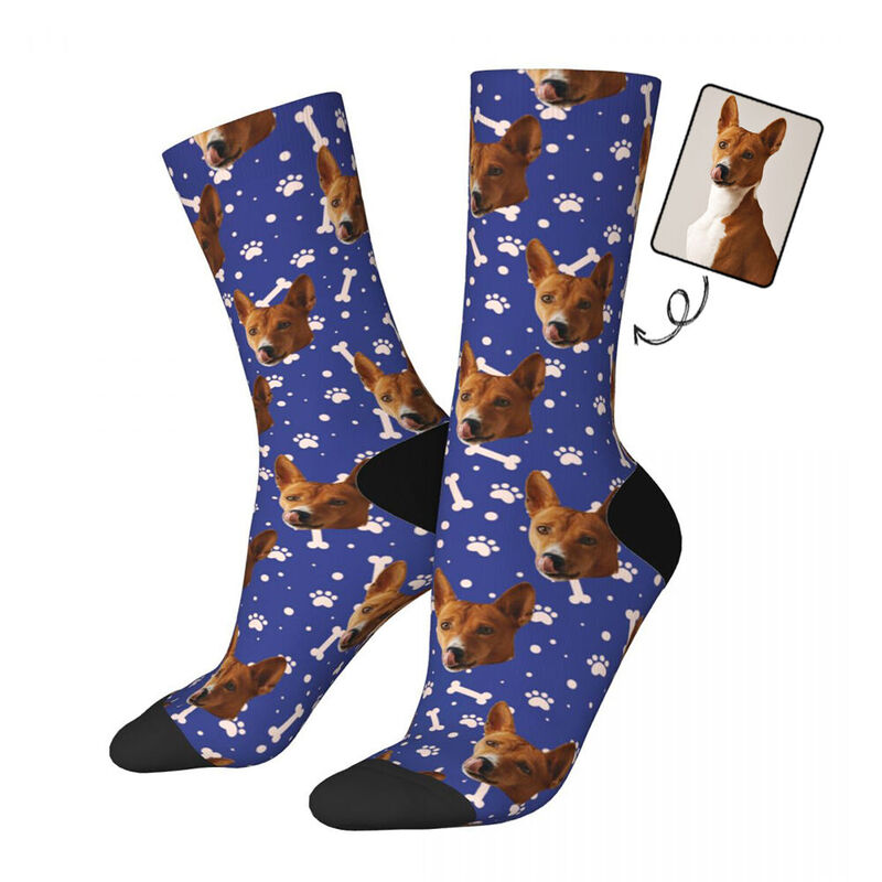 Customizable Face Socks with Pet Photo and Black White Bones Prints