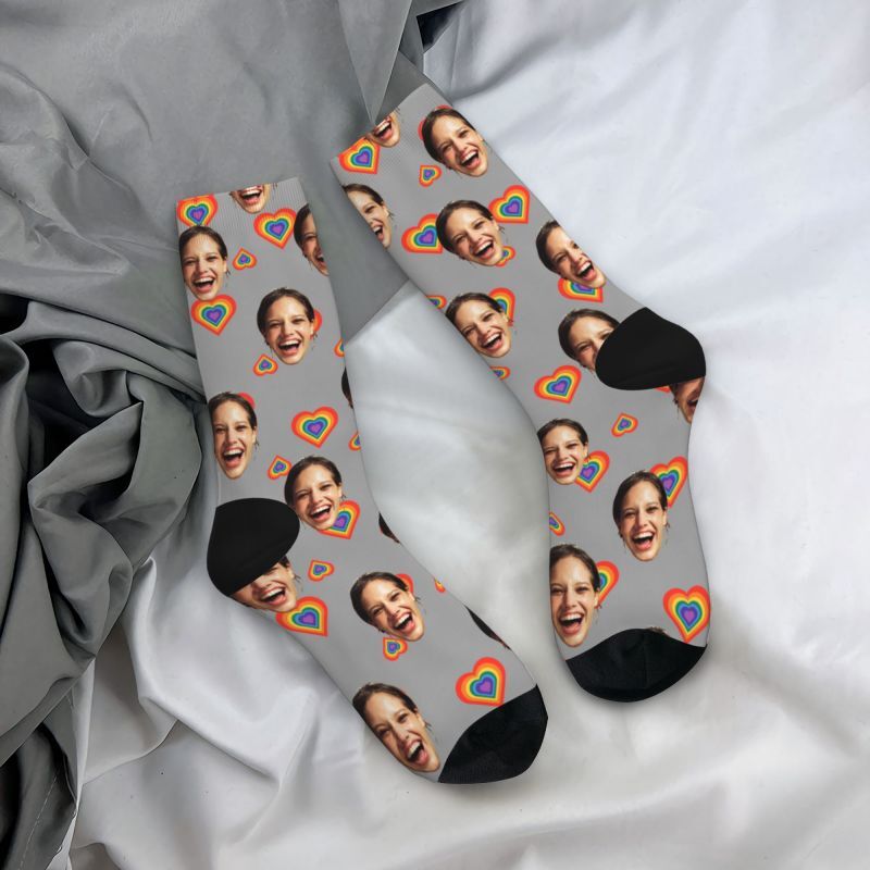 Customized Face Socks with Rainbow Hearts Valentine's Day Gifts for Couples