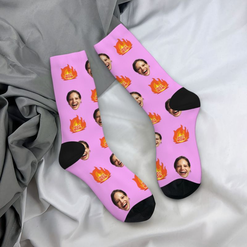 Personalized Face Socks Printed with "Hot Mom" Text