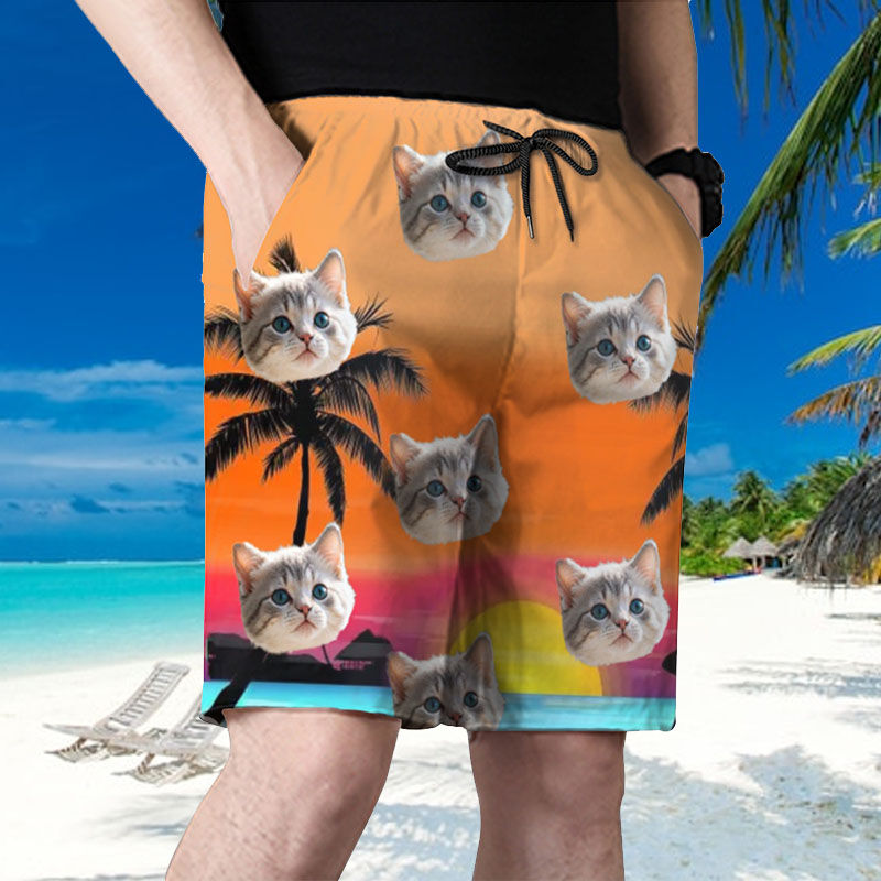 Personalized Picture Men's Beach Shorts with Seaside Sunset Pattern Minimalist Gift for Friends