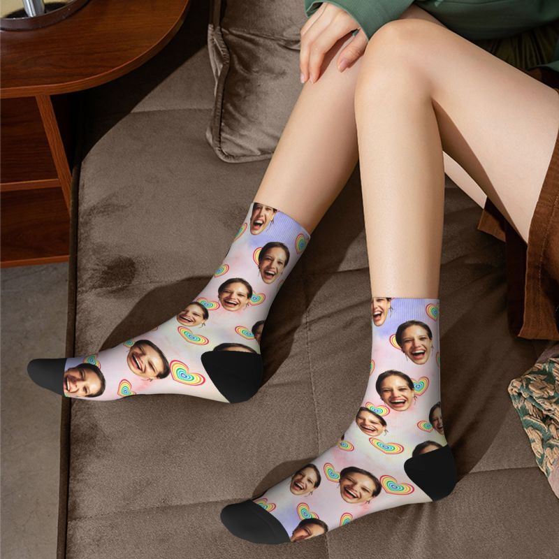Personalized Face Socks Rainbow Gradient Color Socks for Anniversary Gift